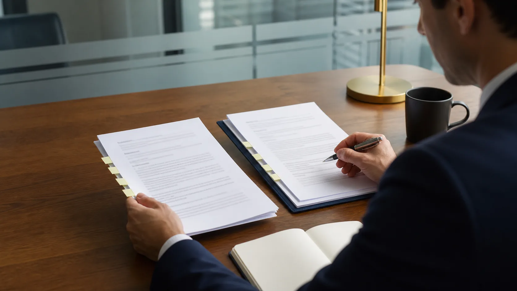 Lawyer comparing two generic agreement versions beside a blank review notebook