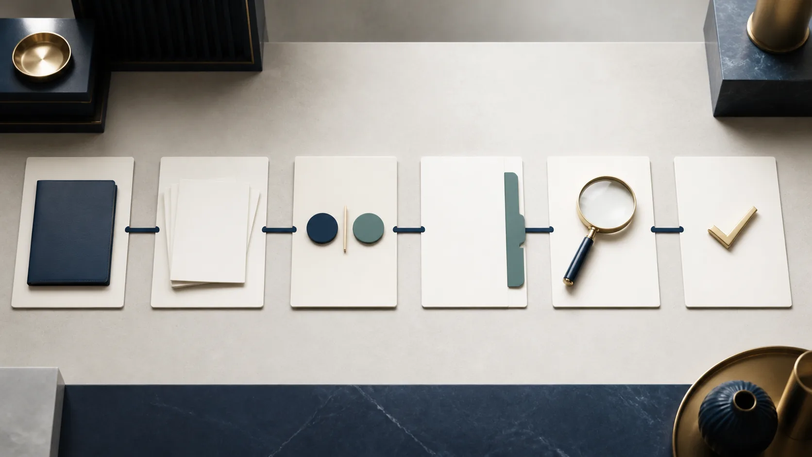 Six-stage visual sequence from a controlled file set through fact grouping, competing points, source linking, lawyer review, and final sign-off
