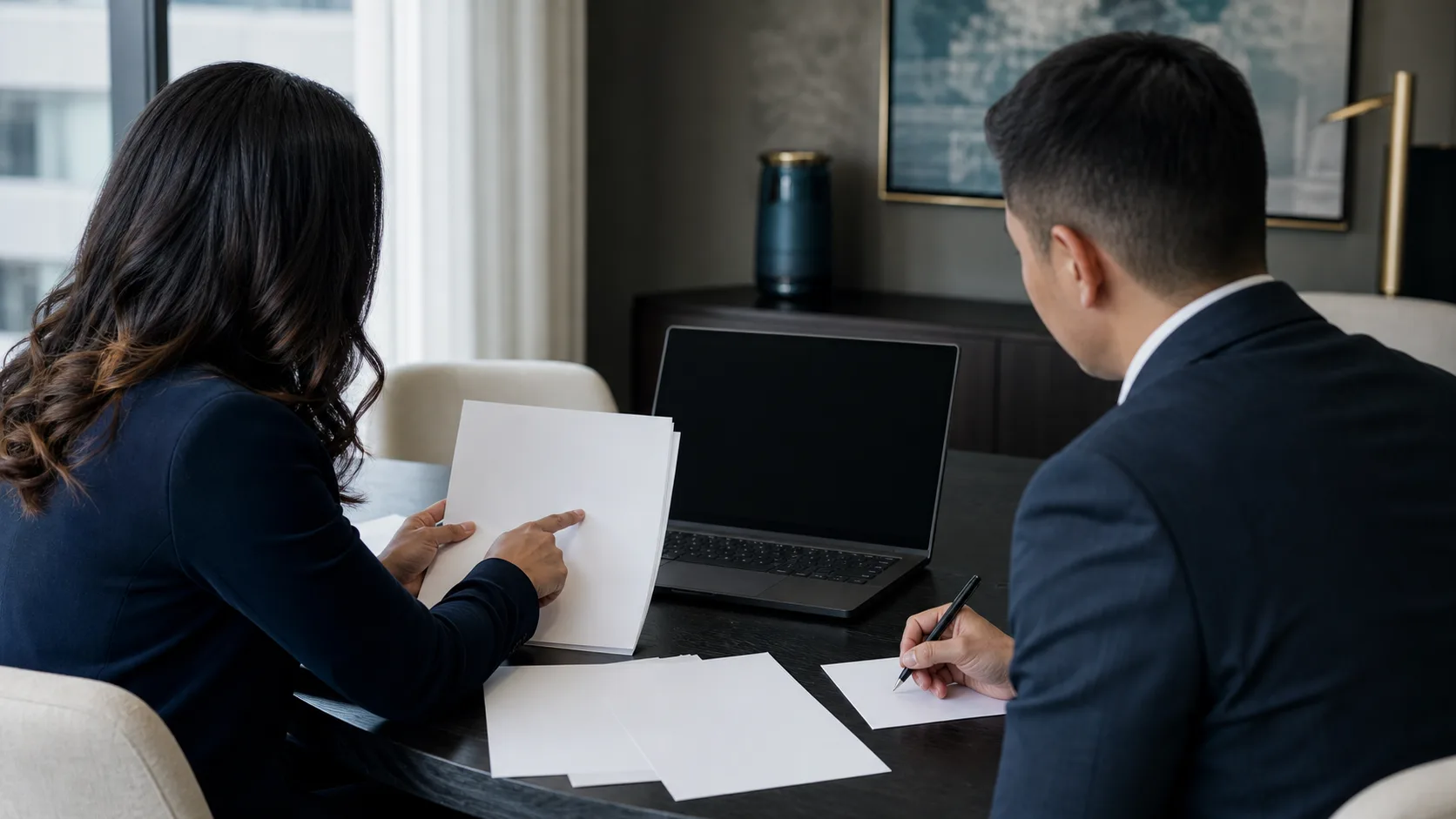Two legal professionals checking blank source pages and recording a human review decision beside a blank laptop screen