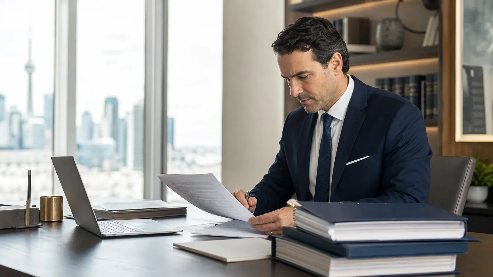 Ontario lawyer reviewing a legal draft beside organized source materials