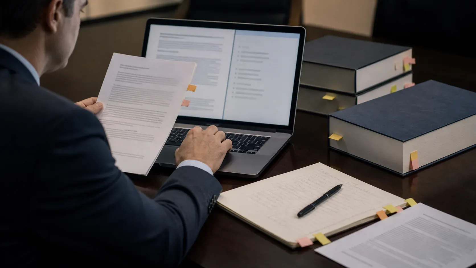 Lawyer comparing an AI-assisted draft with primary authorities and matter-source notes