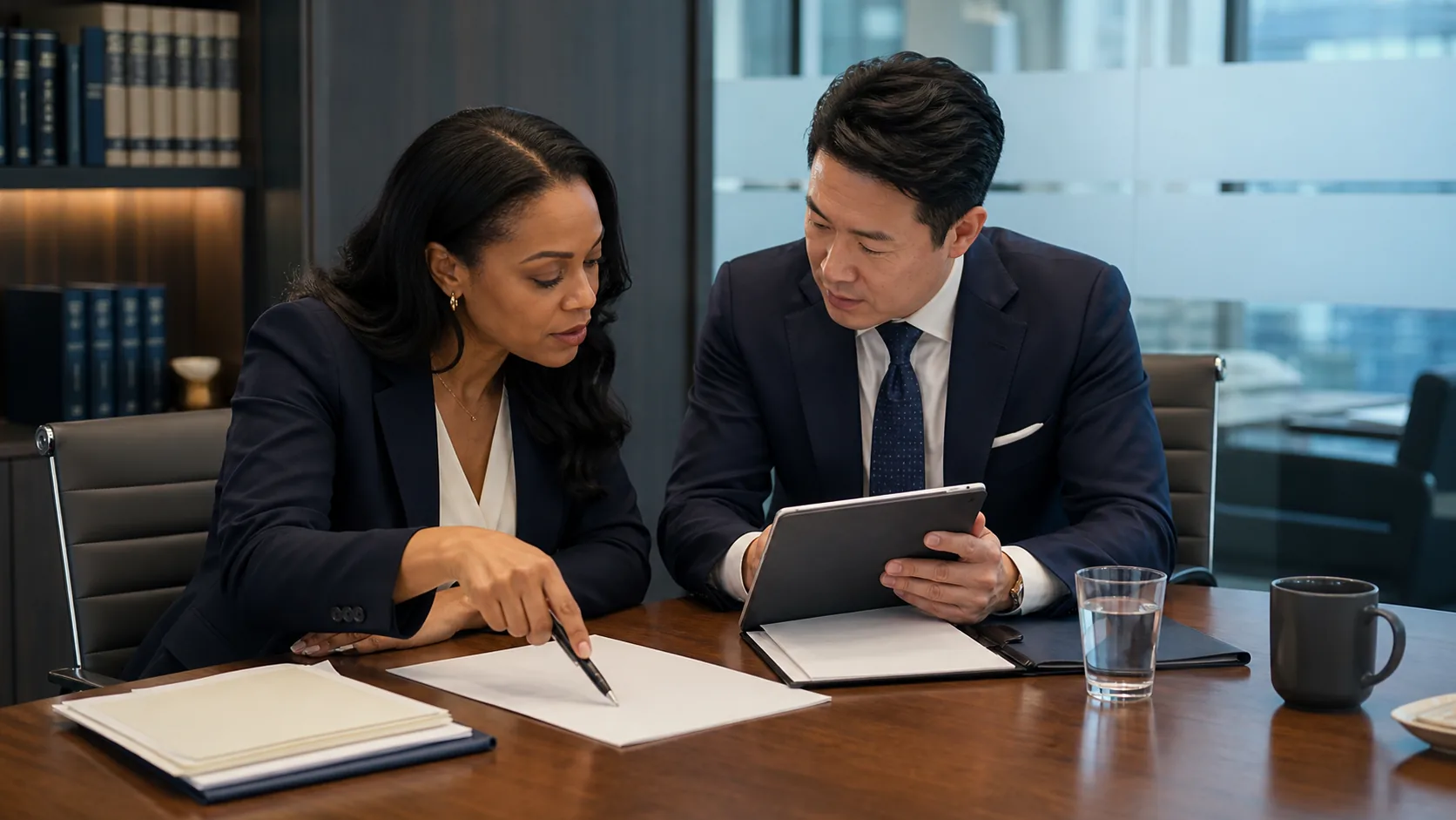 Two lawyers independently reviewing a blank source sheet and an abstract tablet before approving a legal memo