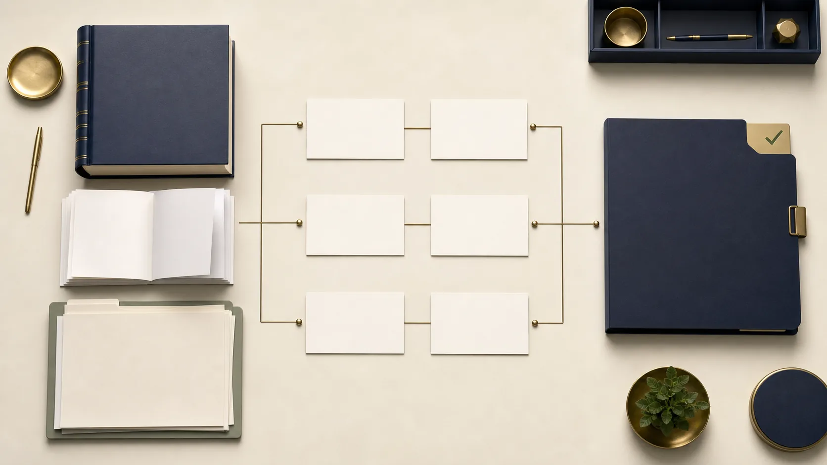 No-text visual showing separate legal authorities and matter records passing through review cards into an approved memo file