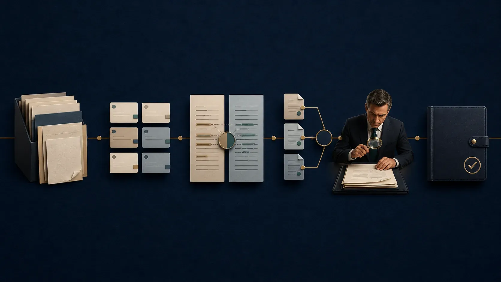 Six-stage visual workflow from a controlled source set through extraction, account comparison, source linking, lawyer verification, and an approved preparation plan